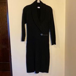 Calvin Klein L Sweater Dress Black Cable Knit Side Buckle EUC Midi Mid Length